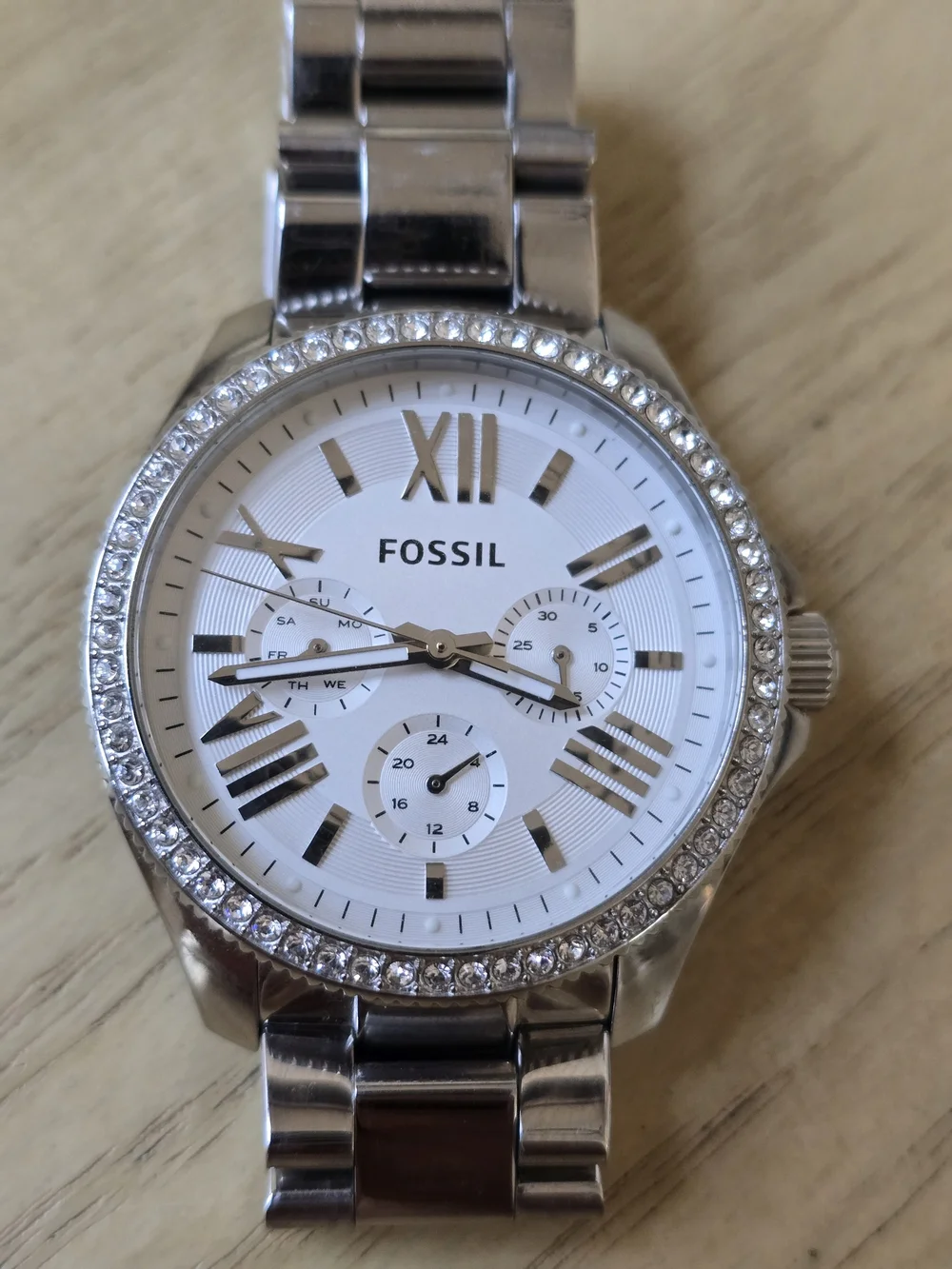 Fossil Silver and White Crystal-Accented Stainless Steel Watch